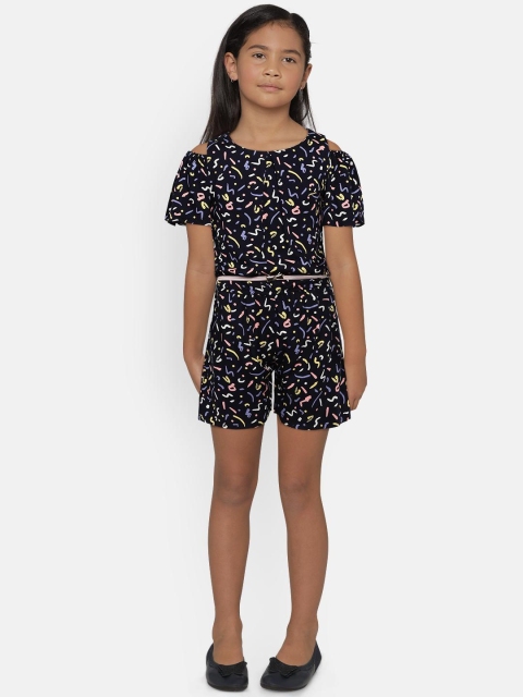 

Peppermint Girls Navy Blue & Yellow Printed Playsuit