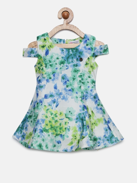 

Peppermint Girls White & Green Printed Fit and Flare Dress