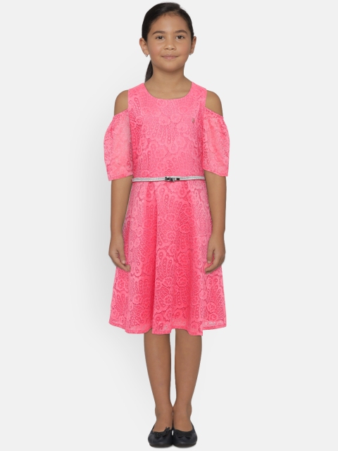 

Peppermint Girls Pink Self Design Fit and Flare Dress