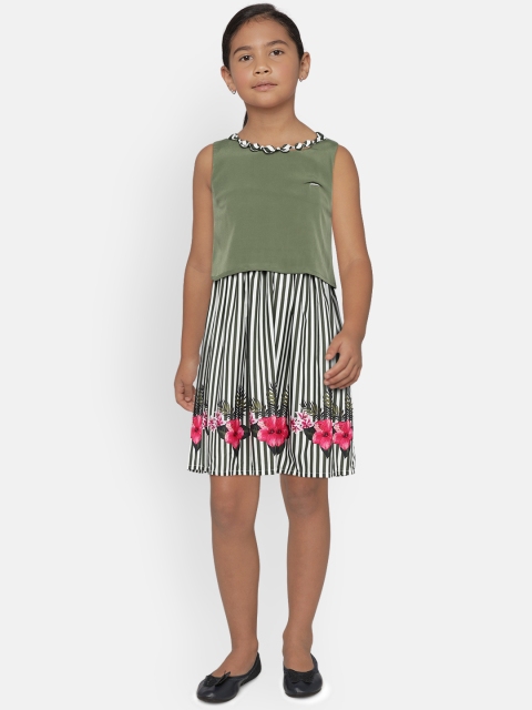 

Peppermint Girls Olive Green & White Printed Fit and Flare Dress