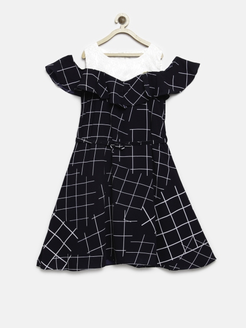 

Peppermint Girls Navy Blue & White Checked A-Line Dress