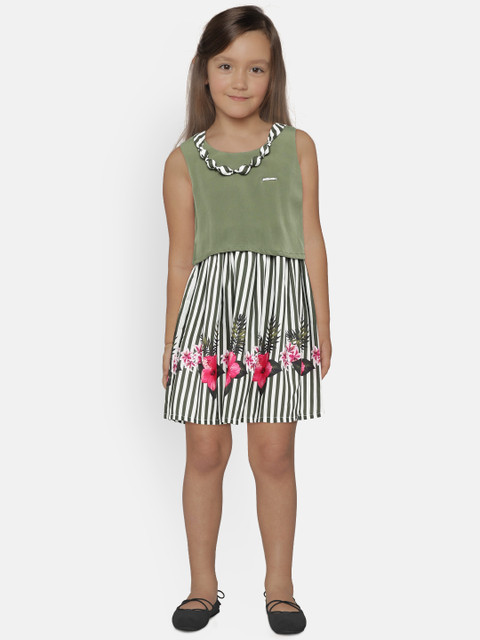 

Peppermint Girls Olive Green & White Printed A-Line Dress