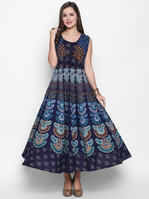 

Ishin Women Navy Blue Printed Fit and Flare Dress