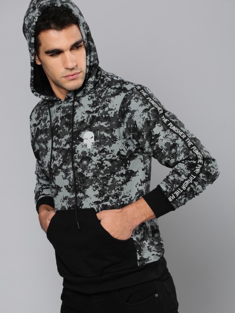 

Kook N Keech Marvel Men Grey & Black Printed Hooded Sweatshirt