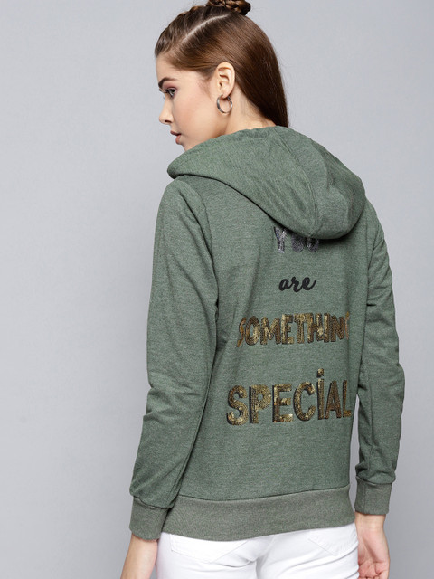 

Kook N Keech Women Olive Green Solid Hooded Sweatshirt