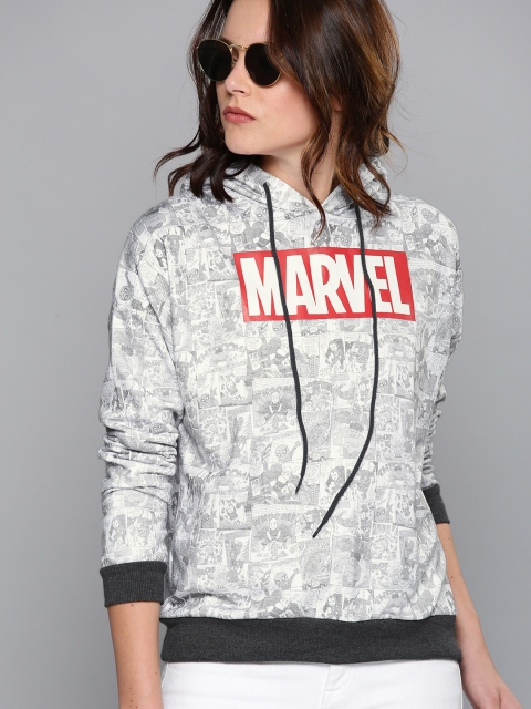 

Kook N Keech Marvel Women Grey & White Printed Hooded Sweatshirt