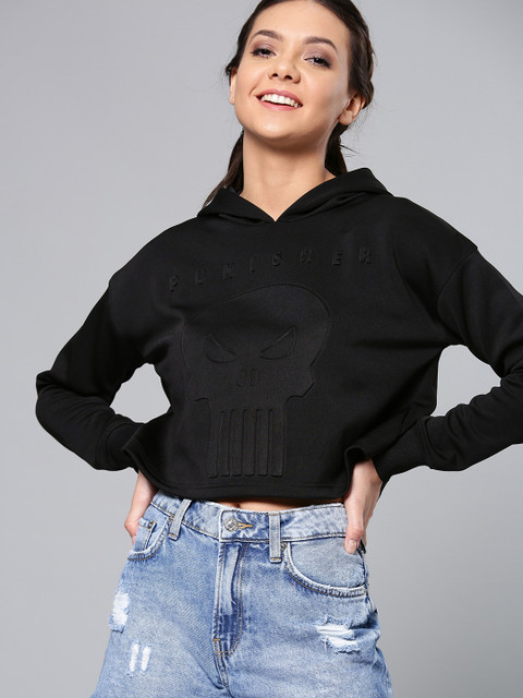 

Kook N Keech Marvel Women Black Punisher Hooded Crop Sweatshirt