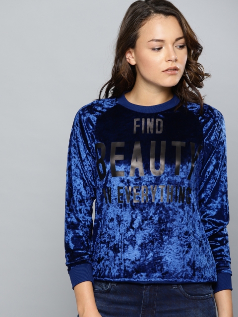 

Kook N Keech Women Navy Blue Printed Velvet Sweatshirt