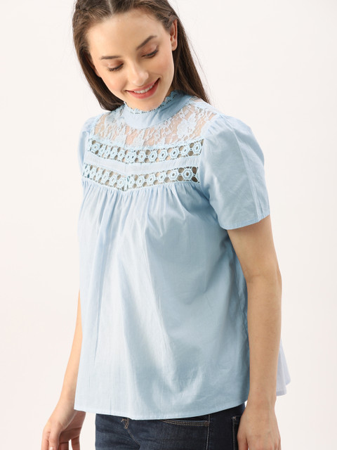 

DressBerry Women Blue Solid Pure Cotton Top