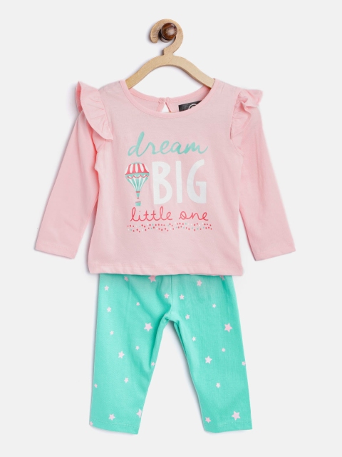 

TAMBOURINE Girls Pink & Sea Green Printed Top with Leggings