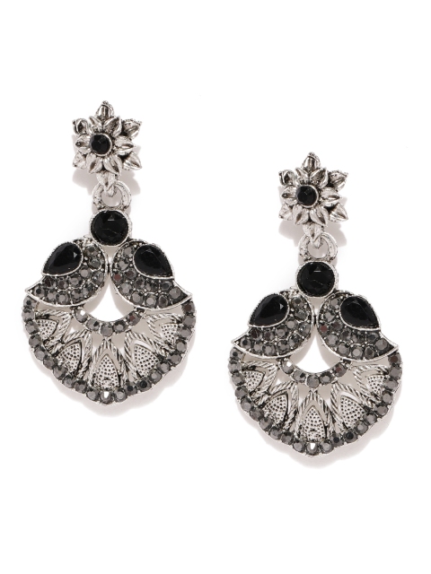 

Fida Silver-Toned & Black Floral Drop Earrings