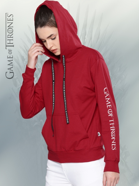 

Game of Thrones by Kook N Keech Women Red Solid Hooded Sweatshirt