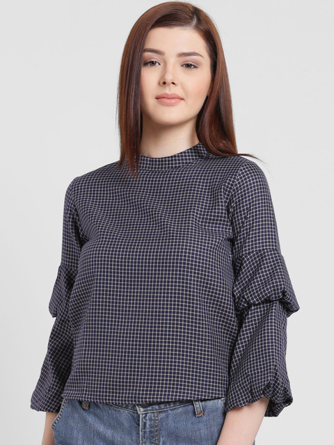 

Zink London Women Navy Blue Checked Top