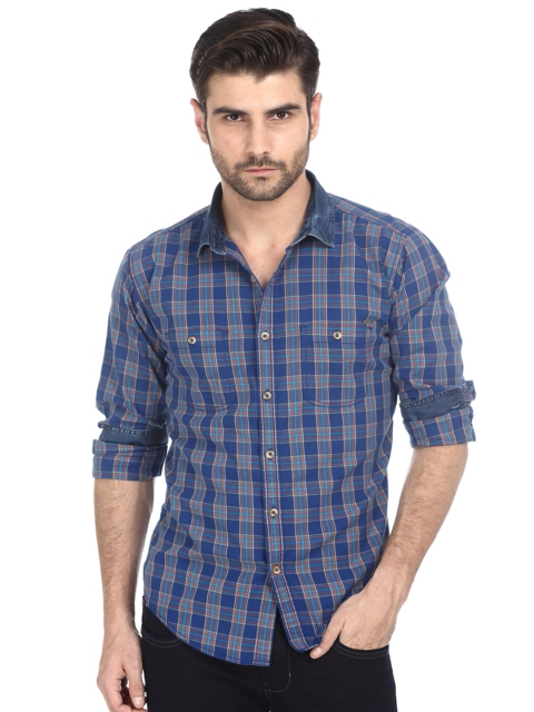 

Basics Men Blue Slim Fit Checked Casual Shirt