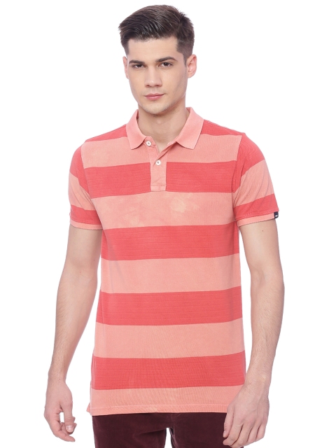 

Basics Men Peach-Coloured Striped Polo Collar T-shirt