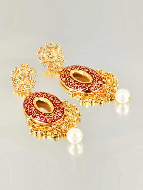 

Crunchy Fashion Women Red & Gold-Toned Oval Drop Earrings