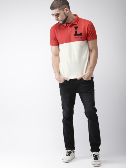 

Levis Men Off-White & Red Colourblocked Polo Collar T-shirt