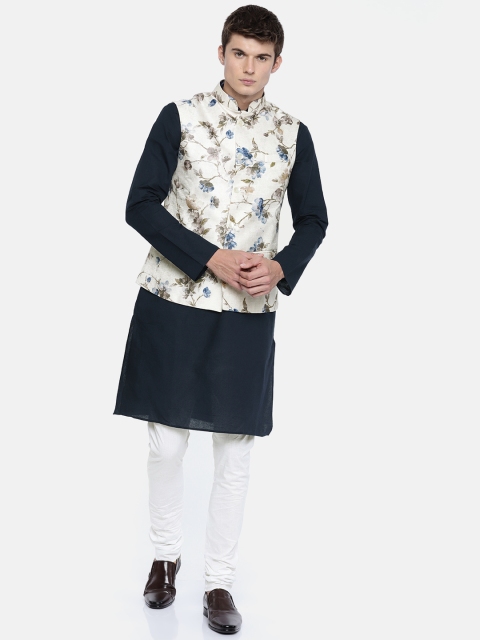 

ethnix Men Navy Blue & Off-White Printed Kurta with Pyjamas