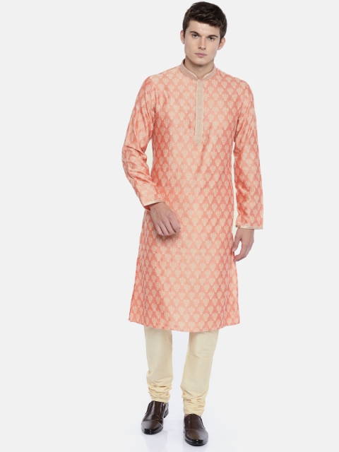 

ethnix Men Peach-Coloured & Cream-Coloured Self Design Kurta with Churidar