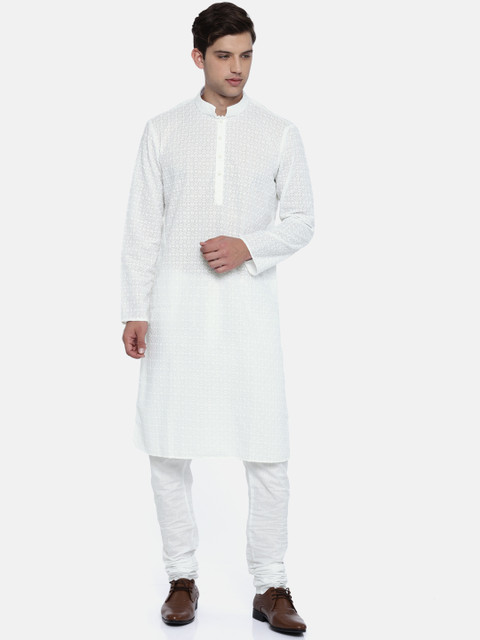 

ethnix Men White Embroidered Kurta with Churidar