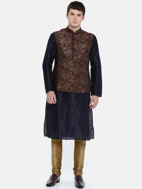 

ethnix Men Navy & Maroon Solid Kurta with Waistcoat and Pyjamas, Navy blue