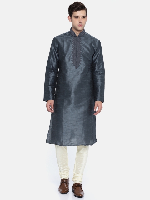 

ethnix Men Blue & Cream-Coloured Solid Kurta with Churidar