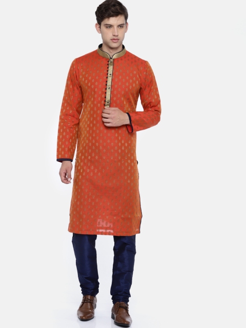 

ethnix Men Orange & Blue Self-Design Kurta with Pyjamas