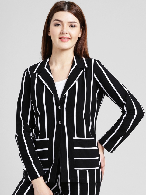 

Texco Women Black & White Striped Slim Fit Single-Breasted Formal Blazer