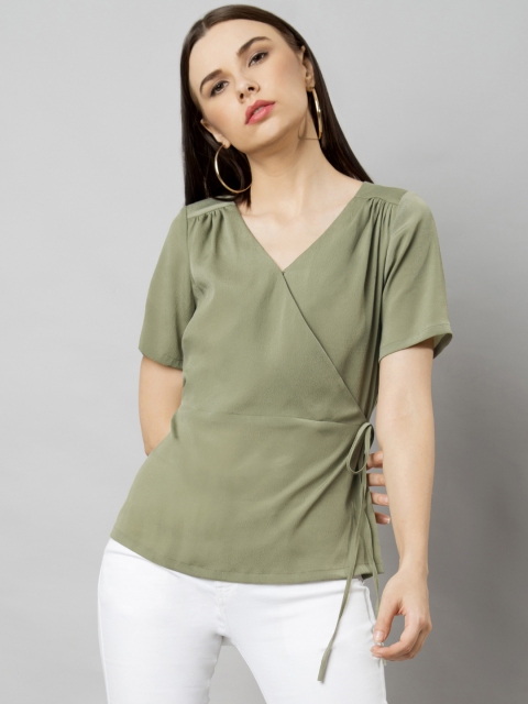 

FabAlley Women Olive Green Solid Wrap Top