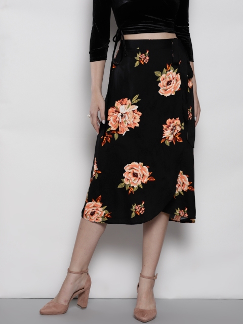 

DOROTHY PERKINS Women Black & Peach-Coloured Printed Midi Wrap Skirt