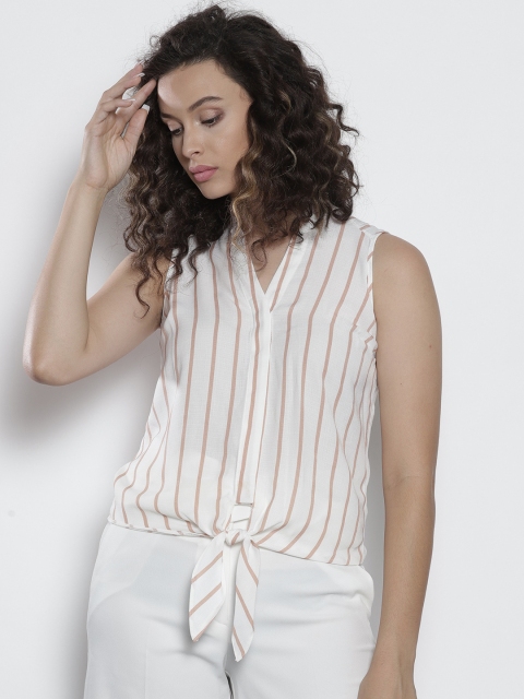 

DOROTHY PERKINS Women Petite White & Beige Striped Shirt Style Top