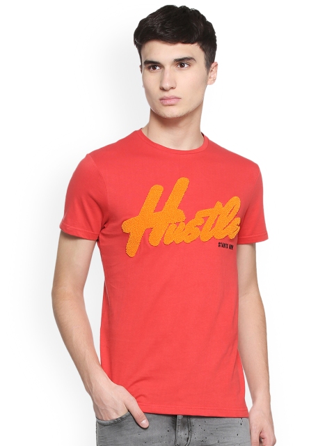 

People Men Red Self Design Round Neck T-shirt