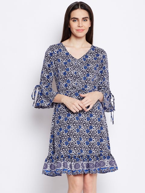 

Oxolloxo Women Navy Blue Printed Fit and Flare Dress