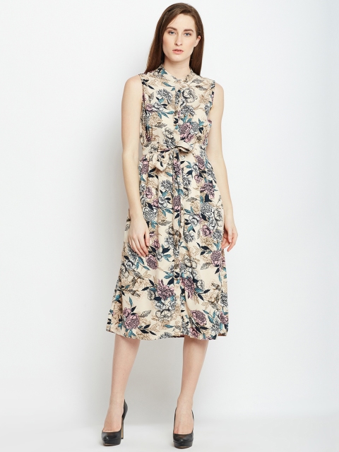

Oxolloxo Women Beige Printed Fit and Flare Dress