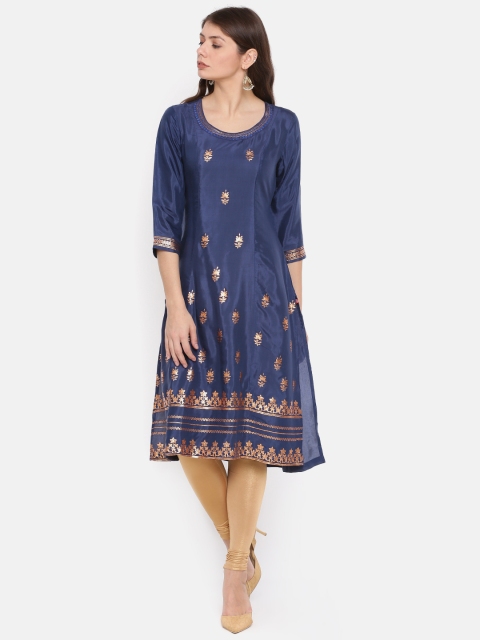 

Biba Women Navy Printed A-Line Kurta, Navy blue