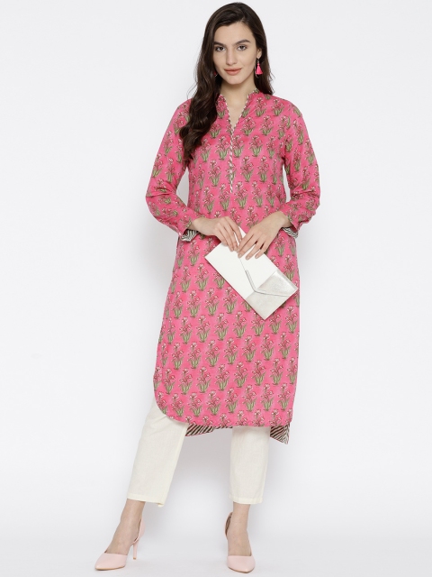 

Biba Women Pink & Olive Green Printed Straight Kurta