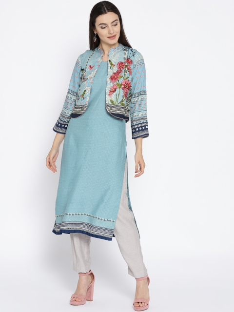 

Biba Women Blue Printed Straight Kurta with Ethnic Jacket