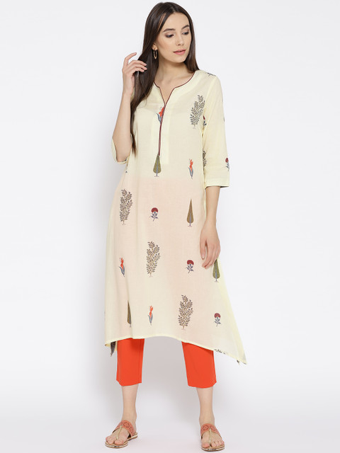 

Biba Women Cream-Coloured Block Print A-Line Kurta