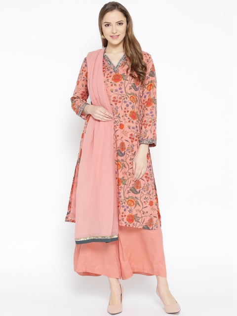 

Biba Women Coral Pink Printed Kurta with Palazzos & Dupatta