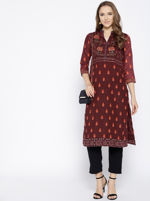 

Biba Women Maroon & Orange Printed Straight Kurta