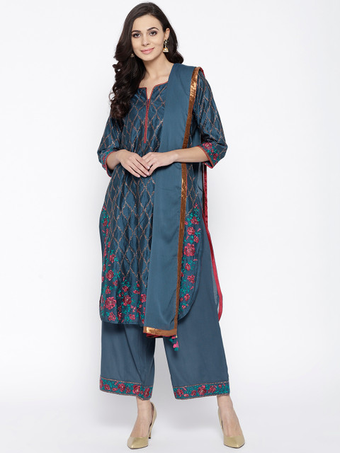 

Biba Women Teal Blue & Red Embroidered Kurta with Palazzos & Dupatta