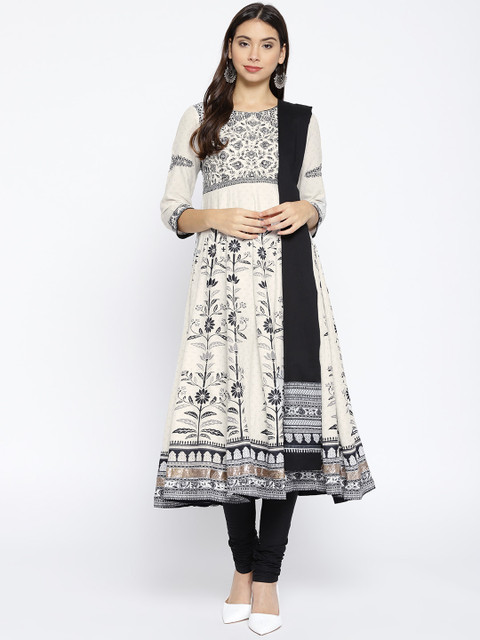 

Biba Women White & Black Printed Kurta with Churidar & Dupatta