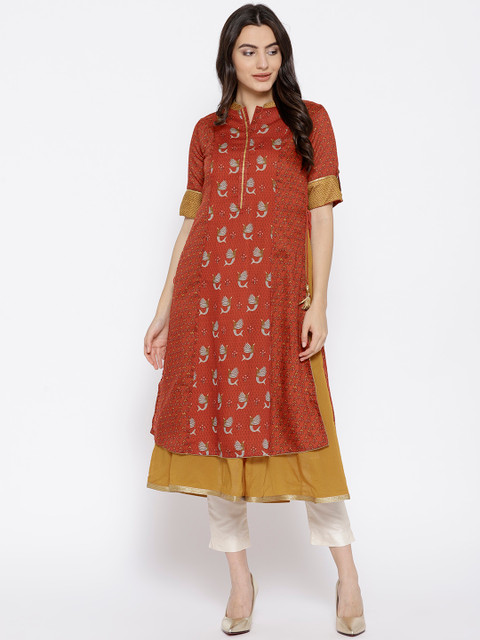 

Biba Women Rust Red & Mustard Yellow Printed A-Line Kurta