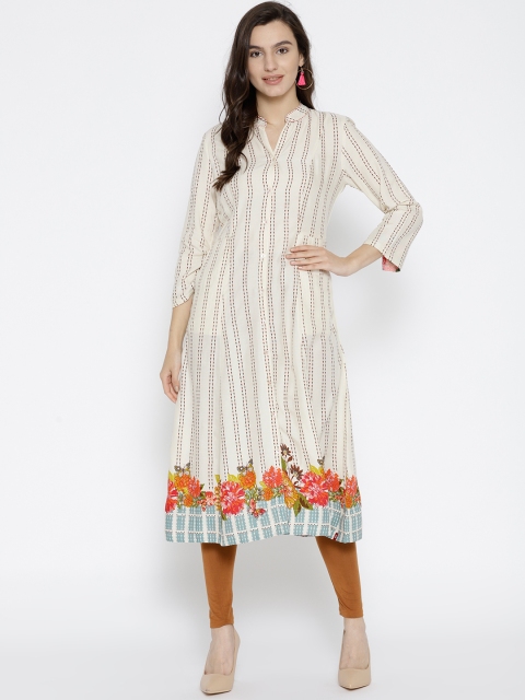 

Biba Women Off-White & Brown Striped A-Line Kurta