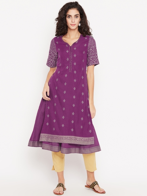 

Biba Women Purple Woven Design Layered A-Line Kurta