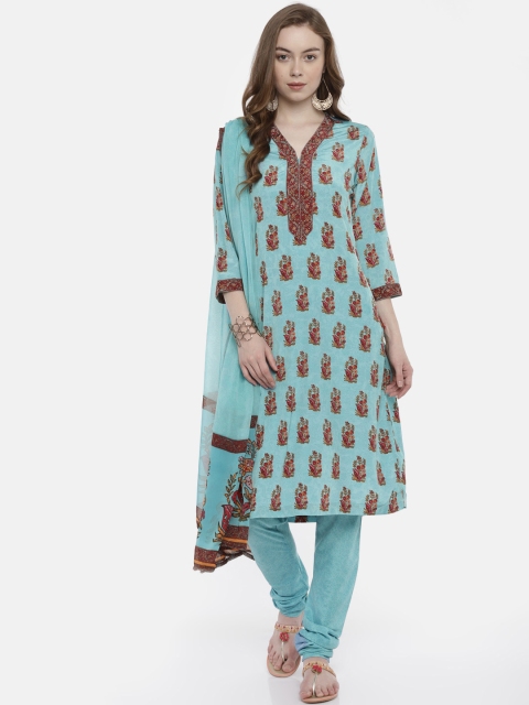 

Biba Women Blue & Printed Kurta with Churidar & Dupatta