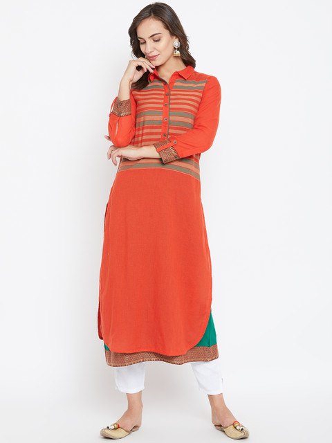 

Biba Women Orange & Green Striped Layered Straight Kurta