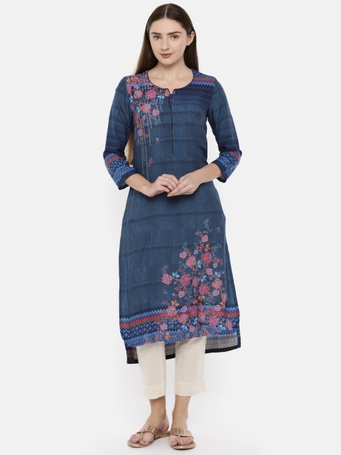 

Biba Women Navy Blue Floral Printed Straight Kurta