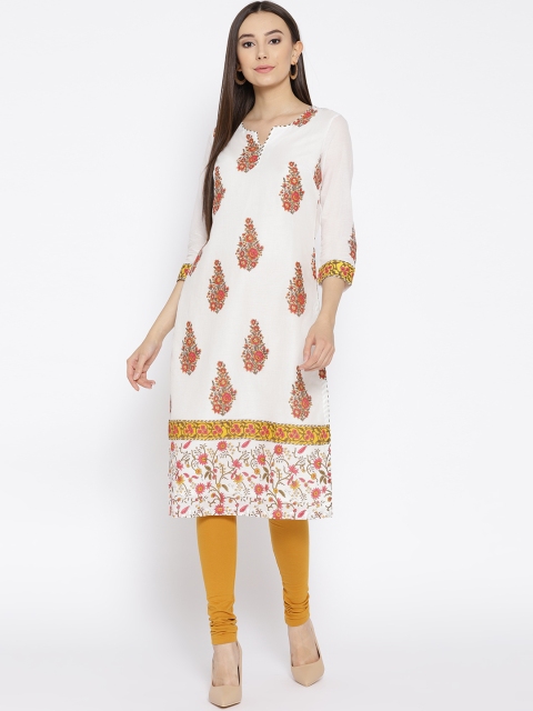 

Biba Women White & Pink Block Print Straight Kurta