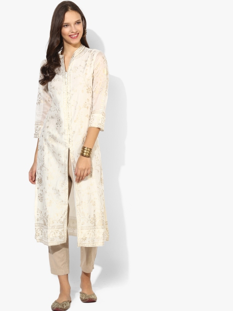 

Biba Women Off-White & Gold-Toned Printed Straight Kurta